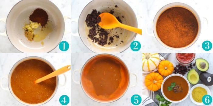 collage of how to make pumpkin soup by adding spices to the pot and stirring, then adding liquid and salsa, and bringing to a boil, then serving with toppings