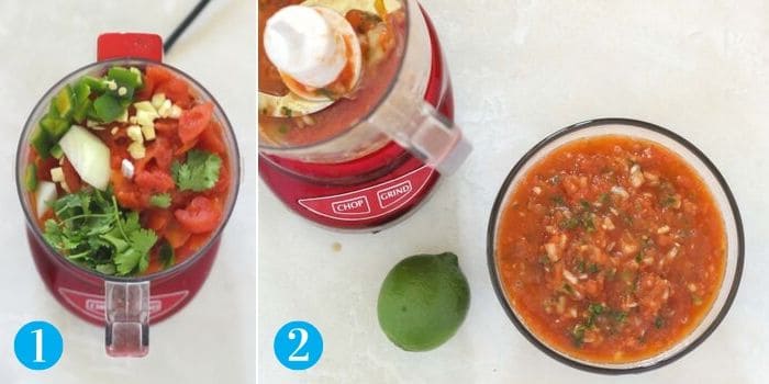 collage photo with one photo of ingredients to make salsa in a mini food processor, and another photo of salsa in a bowl with a lime and empty food processor