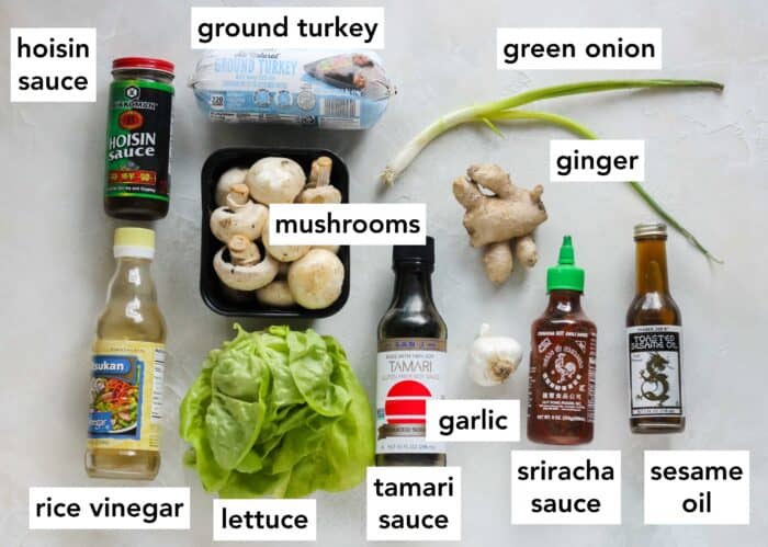 hoisin sauce, ground turkey, green onion, ginger, mushrooms, sesame oil, sriracha sauce, tamari sauce, lettuce and rice vinegar