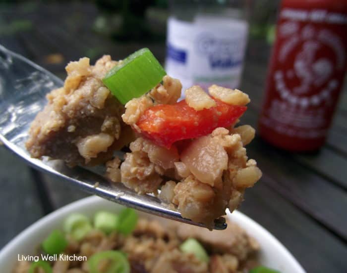 fork with Pork Fried Rice, soy sauce, sriracha sauce