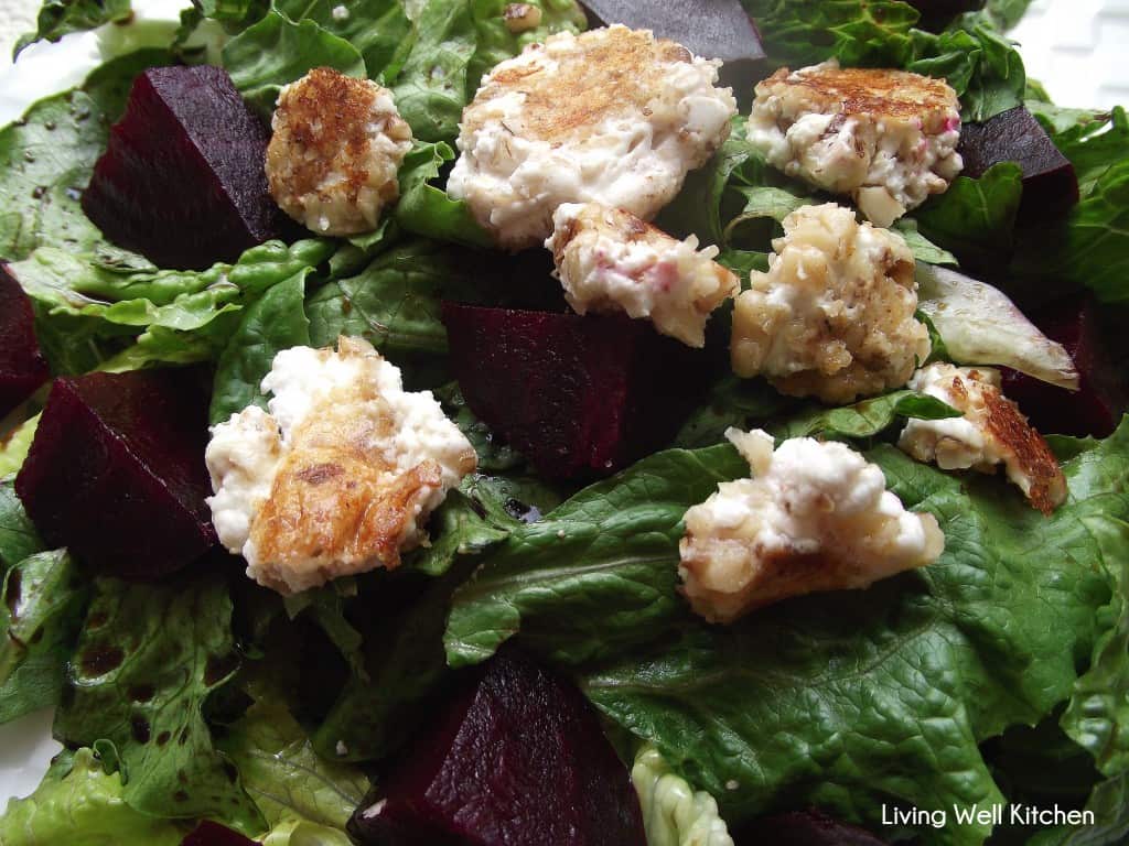 Even if you think you don't like beets, try them roasted. They are perfect in this salad with warm, creamy, walnut-crusted fried goat cheese