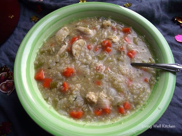 green bowl with quinoa turkey soup