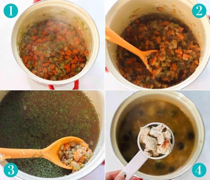 collage with four photos showing veggie being sauteed in red pot, then flour being stirred in using orange spoon, then liquid and spices being added, then adding turkey in a measuring cup