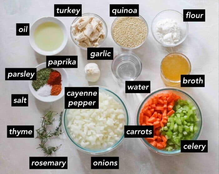 oil, turkey, quinoa, flour, broth, water, garlic, paprika, parsley, salt, cayenne pepper, thyme, rosemary, onions, carrots, celery