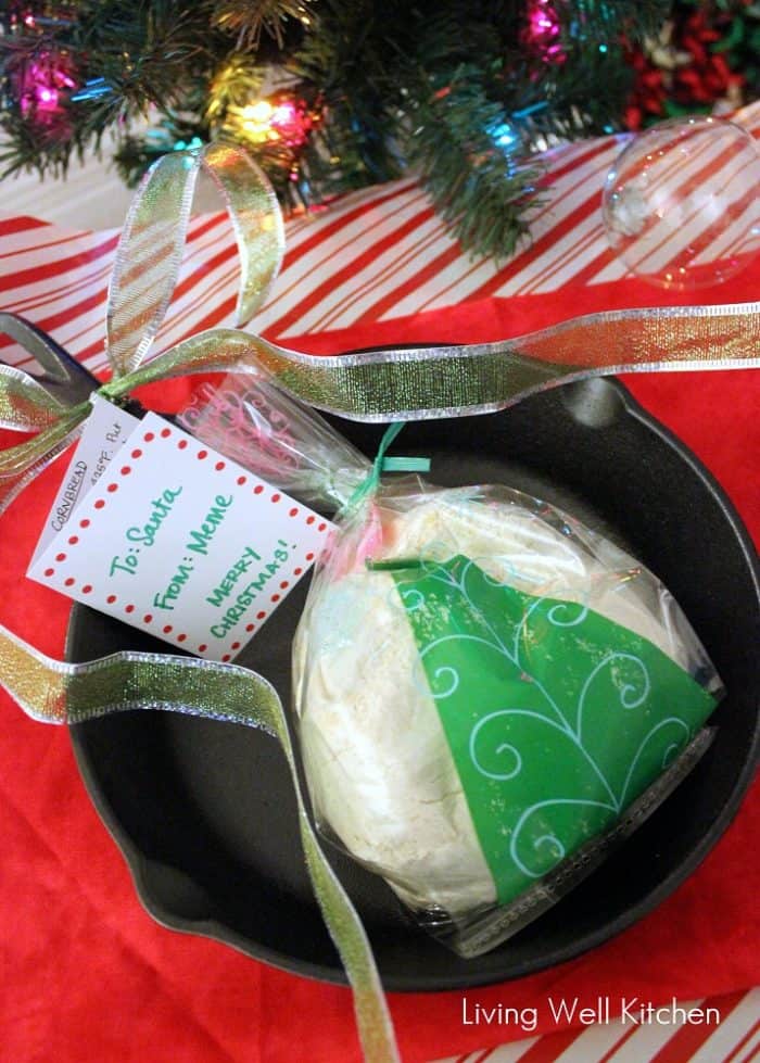 cornbread mix in cast iron skillet with Christmas tag for a gift