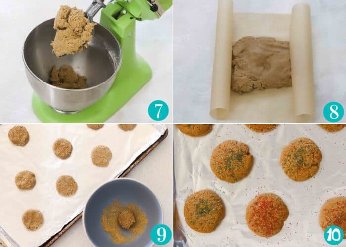 collage with cookie dough in green stand mixer, cookie dough on parchment paper, cookie dough on baking sheet and a bowl rolled in sugar, and baked cookies on foil-lined baking sheet