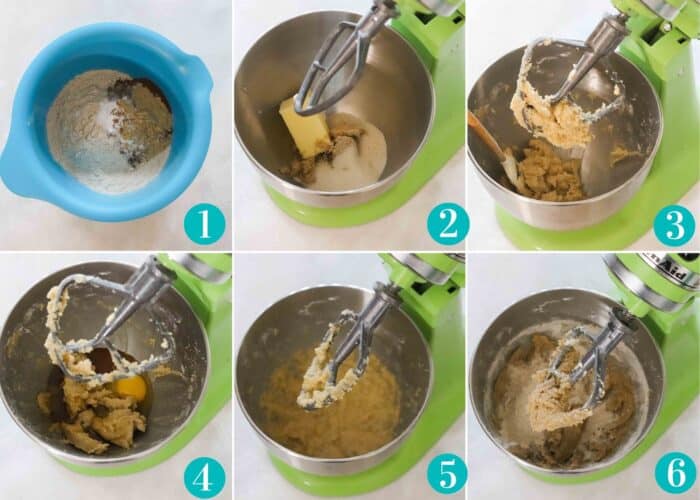 collage with photos showing flour being mixed with spices in a blue bowl; butter, sugar, and brown sugar in a green stand mixer, the mixer after the butter and sugars have been creamed; the mixer with vanilla extract, honey, and one egg have been added; the mixer after the egg, honey, and vanilla have been beaten in; the mixer with half of the flour added