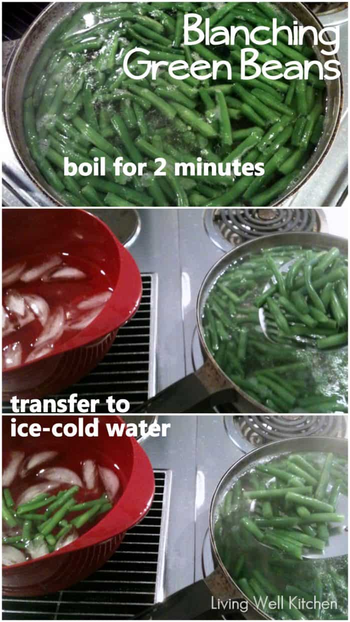 collage with how to blanch green beans by boiling them, adding to ice cold water and draining them