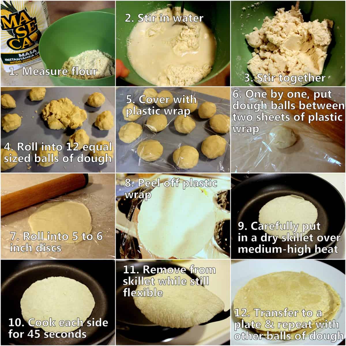 12 step by step photos for how to make homemade tortillas.