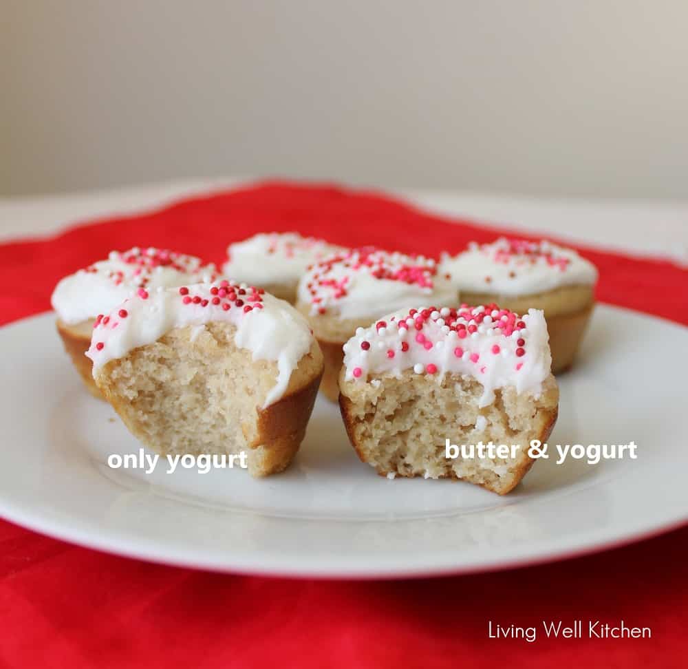 mini cupcakes that have been cut open to show one made with yogurt and another made with a combo of yogurt and butter.