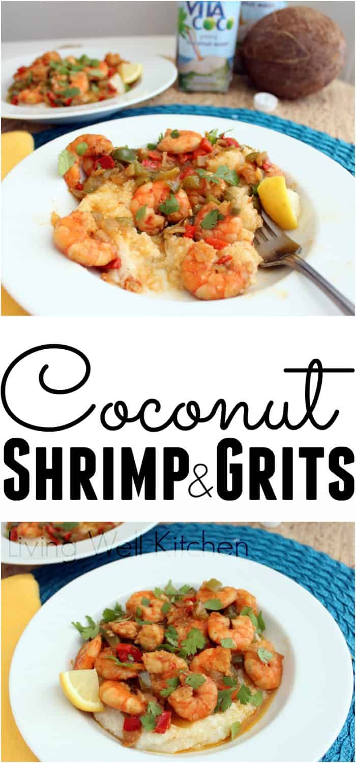 Coconut Shrimp and Grits are made with coconut water to give a tropical spin on this Southern favorite in the best possible way. Gluten free and can be dairy free