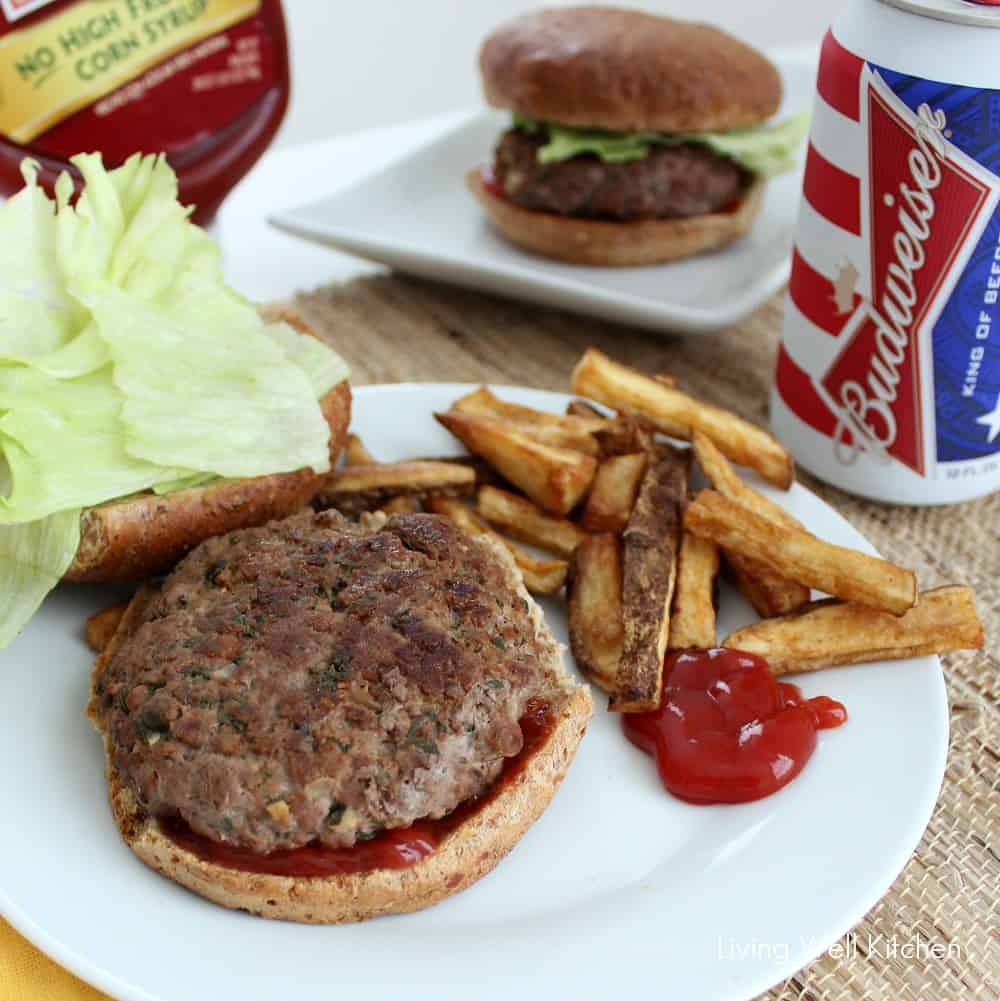 open faced Ranch Burger with ketchup and fries
