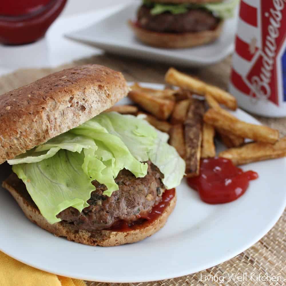 Ranch Burger with lettuce, bun, ketchup, and fries