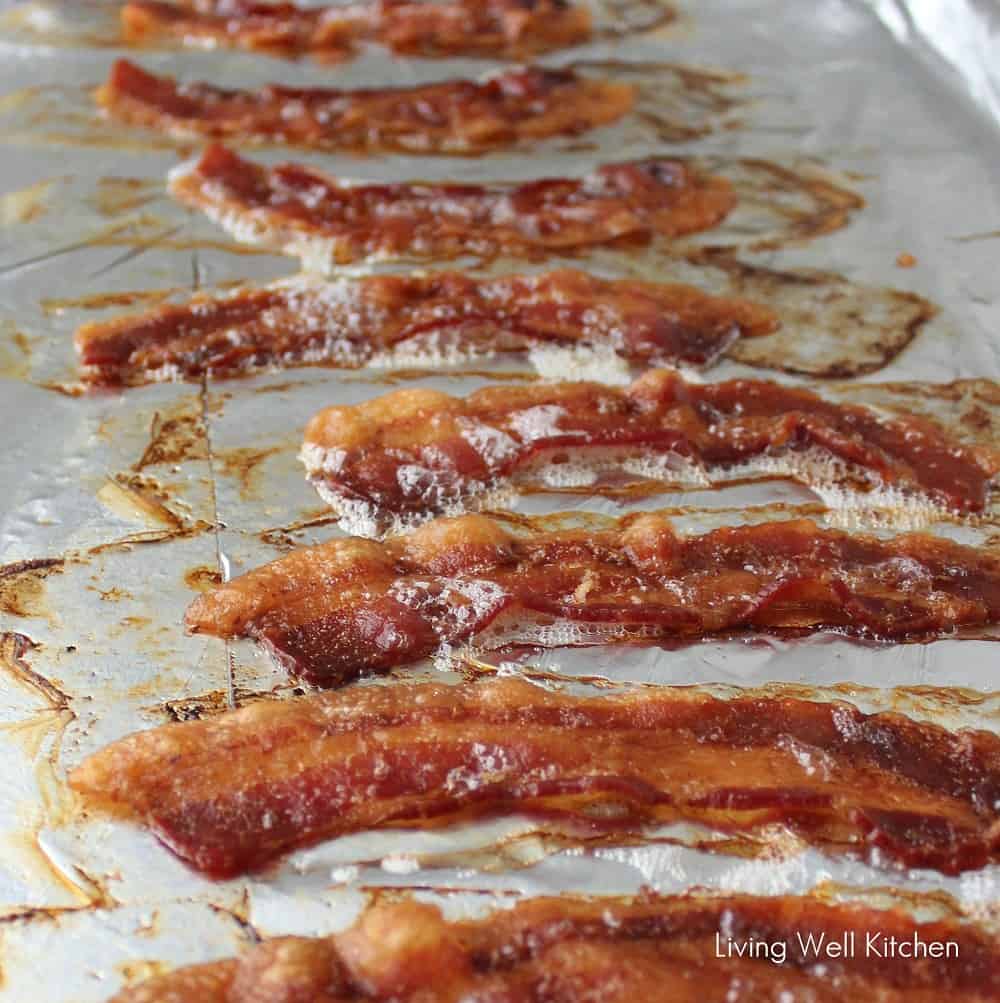 baked bacon on foil lined baking sheet