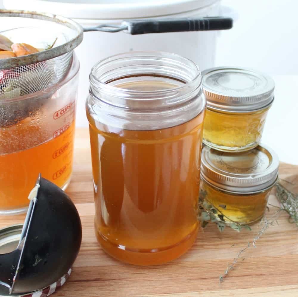 Crock Pot Vegetable Broth in glass jars