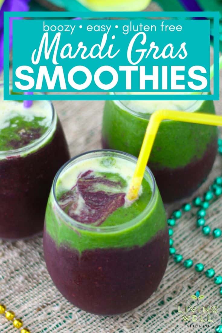 Mardi Gras Smoothies with purple, green and gold layers