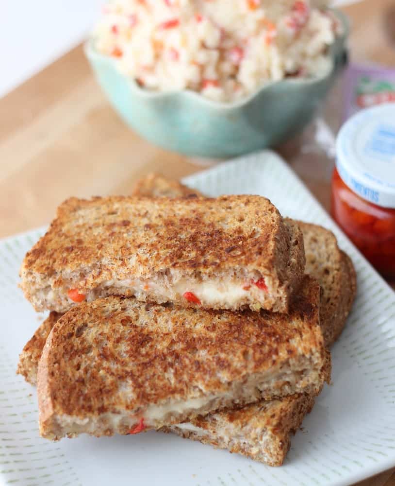 plate with a stack of Pimento Cheese Grilled Cheese and pimento cheese