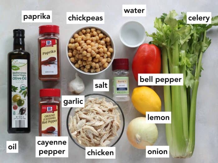 oil, paprika, cayenne pepper, chickpeas, chicken, garlic, salt, water, bell pepper, lemon, onion, celery