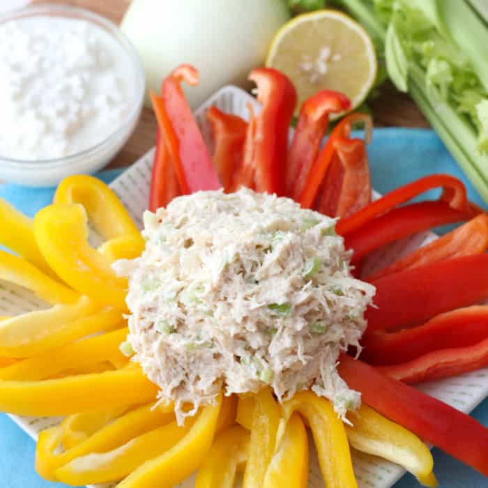 scoop of chicken salad on top on yellow and red bell peppers on a white plate with cottage cheese, onion, lemon and celery