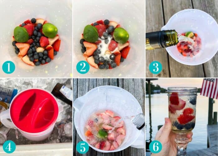 step by step instructions to add strawberries, blueberries and limes to a pitcher, top with sugar, pour in wine, put in ice chest, pour in sparkling water, and serve in a glass