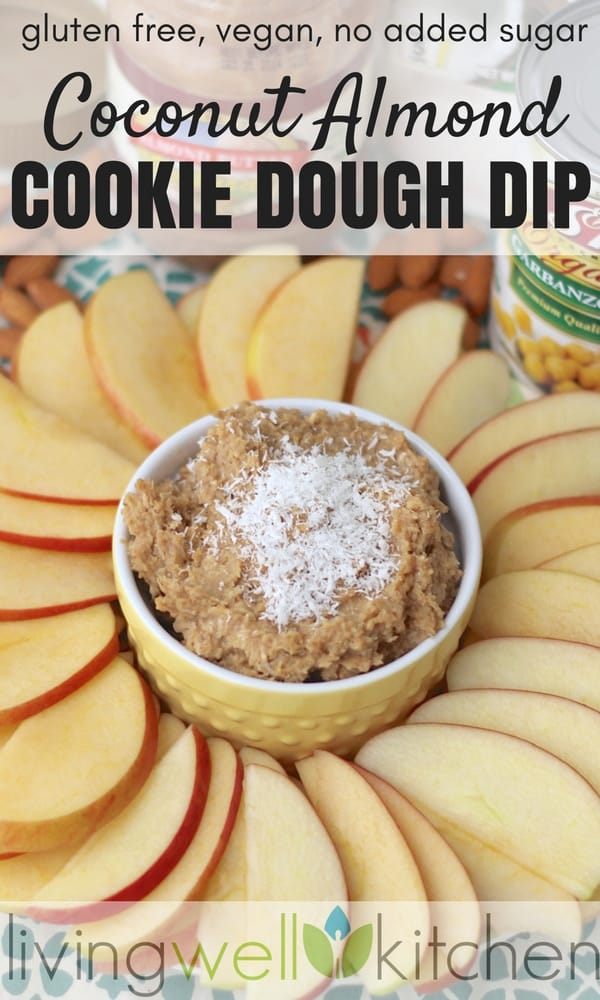 Coconut Almond Cookie Dough Dip from Living Well Kitchen @memeinge is a no sugar added cookie dough dip recipe made with chickpeas and dates, full of almond and coconut flavor. Dairy free, gluten free, vegan, no added sugar.