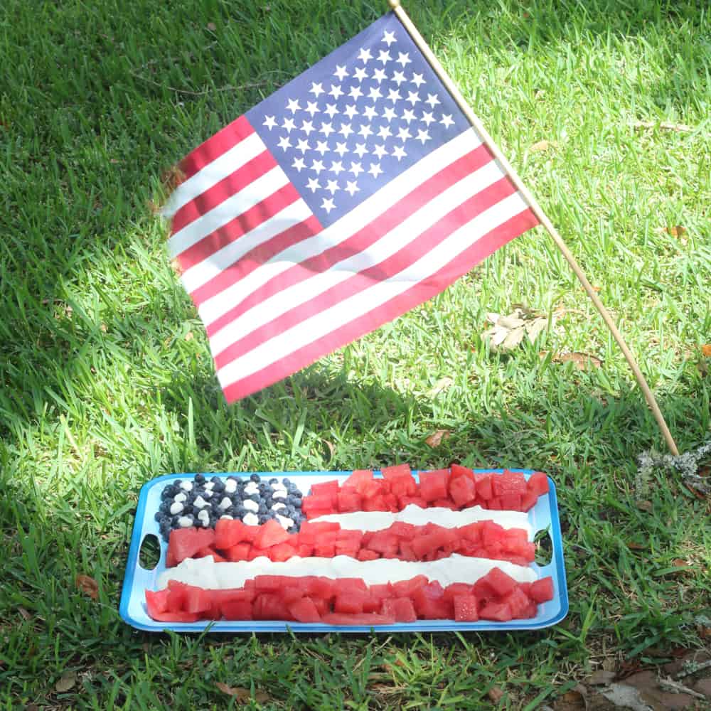 blue platter with watermelon, whipped cream and blueberries arrange like an American flag resting on grass with an American flag flying over