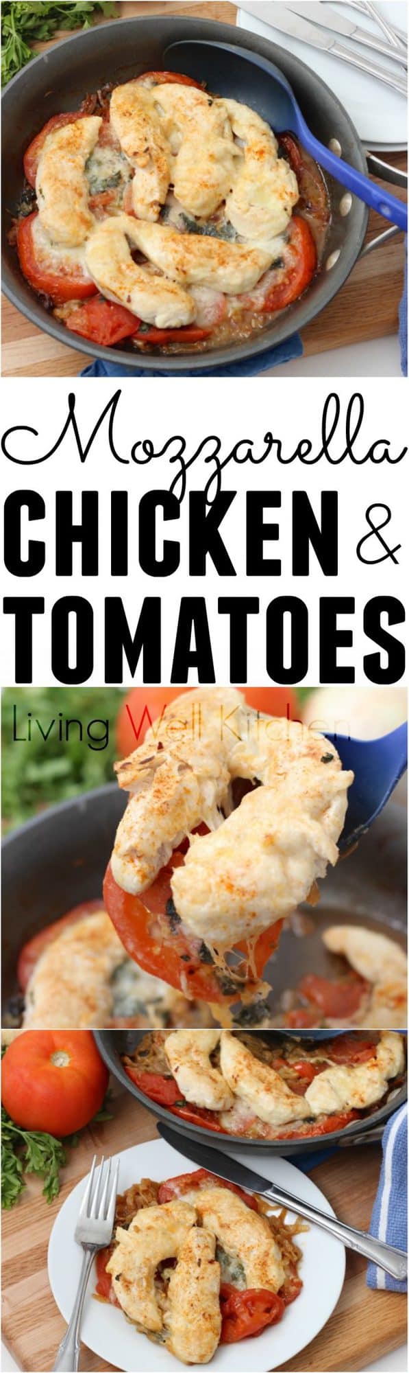 Mozzarella Chicken and Tomatoes is an easy and delicious dish full of veggies and lean protein, cooked in one pan, and ready in about 40 minutes. The perfect weeknight meal!