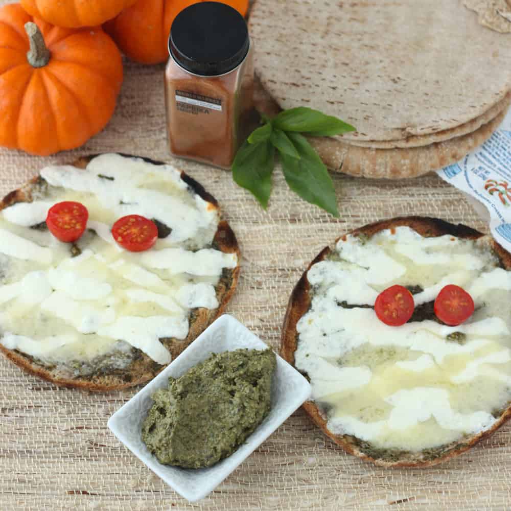 Mummy Pita Pizzas with Smoky Pesto from Living Well Kitchen @memeinge