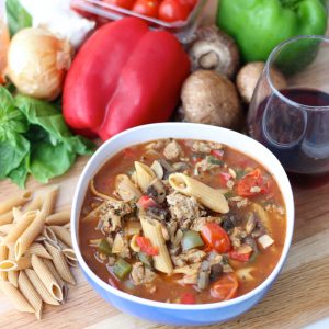 pasta, basil, mushroom, peppers, red wine, bowl of Pizza Pasta Soup