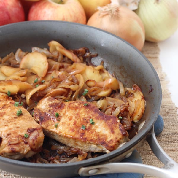 Pork Chops, Apples, and Onions from Living Well Kitchen @memeinge
