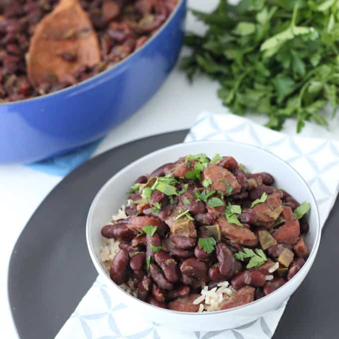 Red Beans and Rice with parsley and pot of red beans