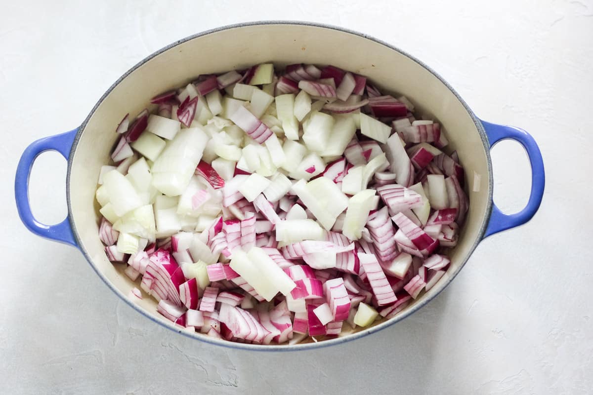 blue pot with white and red onion