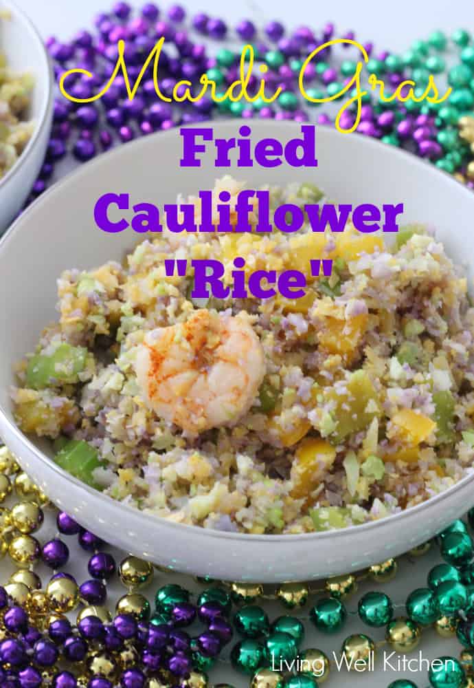 Mardi Gras beads with bowl of multicolored Fried Cauliflower Rice and shrimp 