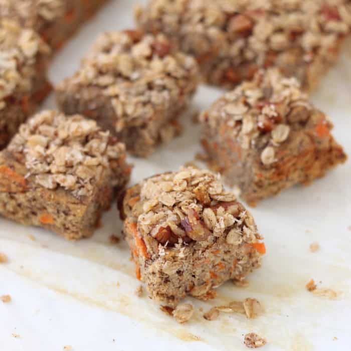 Coconut Carrot Coffee Cake with crumb topping cut into squares