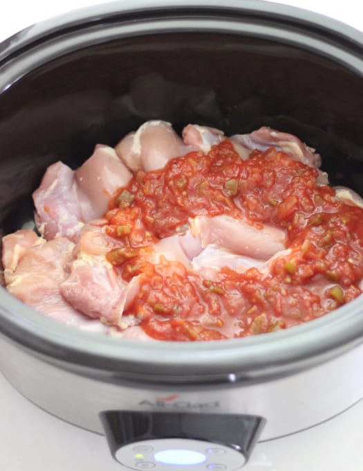 slow cooker with chicken thighs and salsa