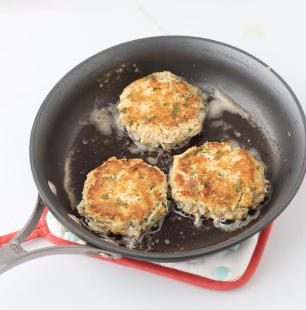 Gluten free Crab Cakes in a skillet