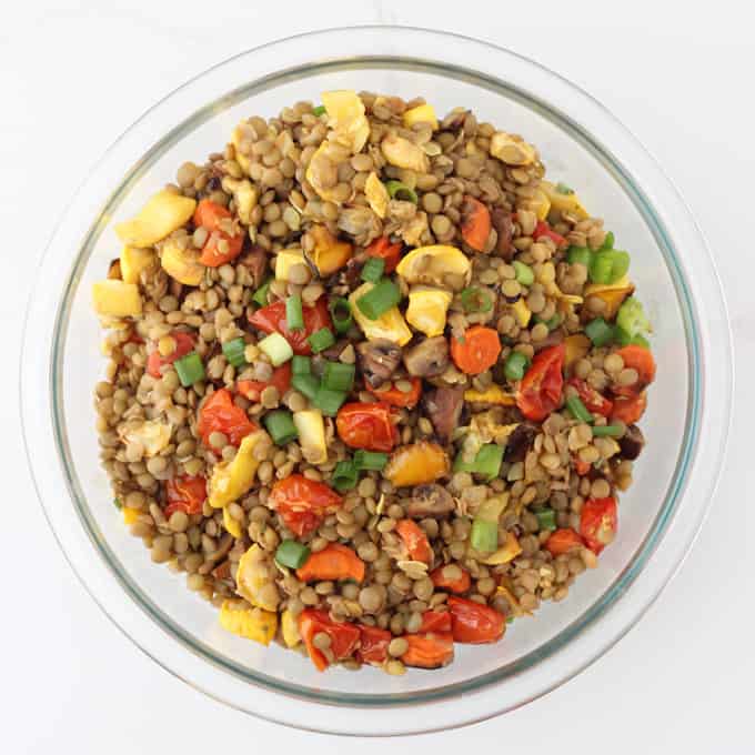 large bowl of Roasted Vegetable Lentil Salad