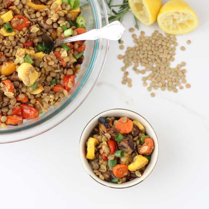 cup of Roasted Vegetable Lentil Salad with bowl of salad, lentils, lemon, and rosemary