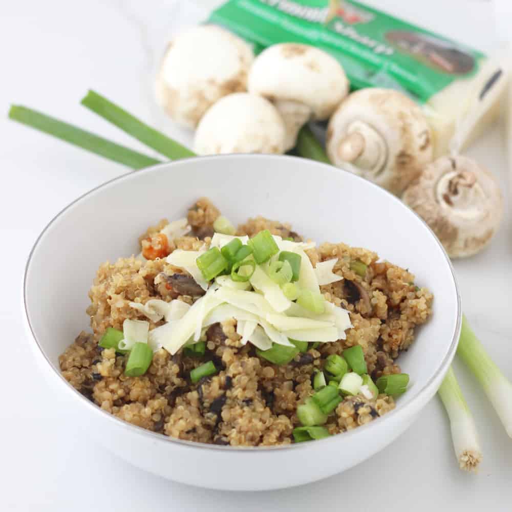 Creamy and cheesy quinoa that has the consistency of risotto without all the work risotto usually takes. Perfect as a main meal or a side! Mushroom Quinoa Risotto recipe from @memeinge is a delicious gluten free, vegetarian dish