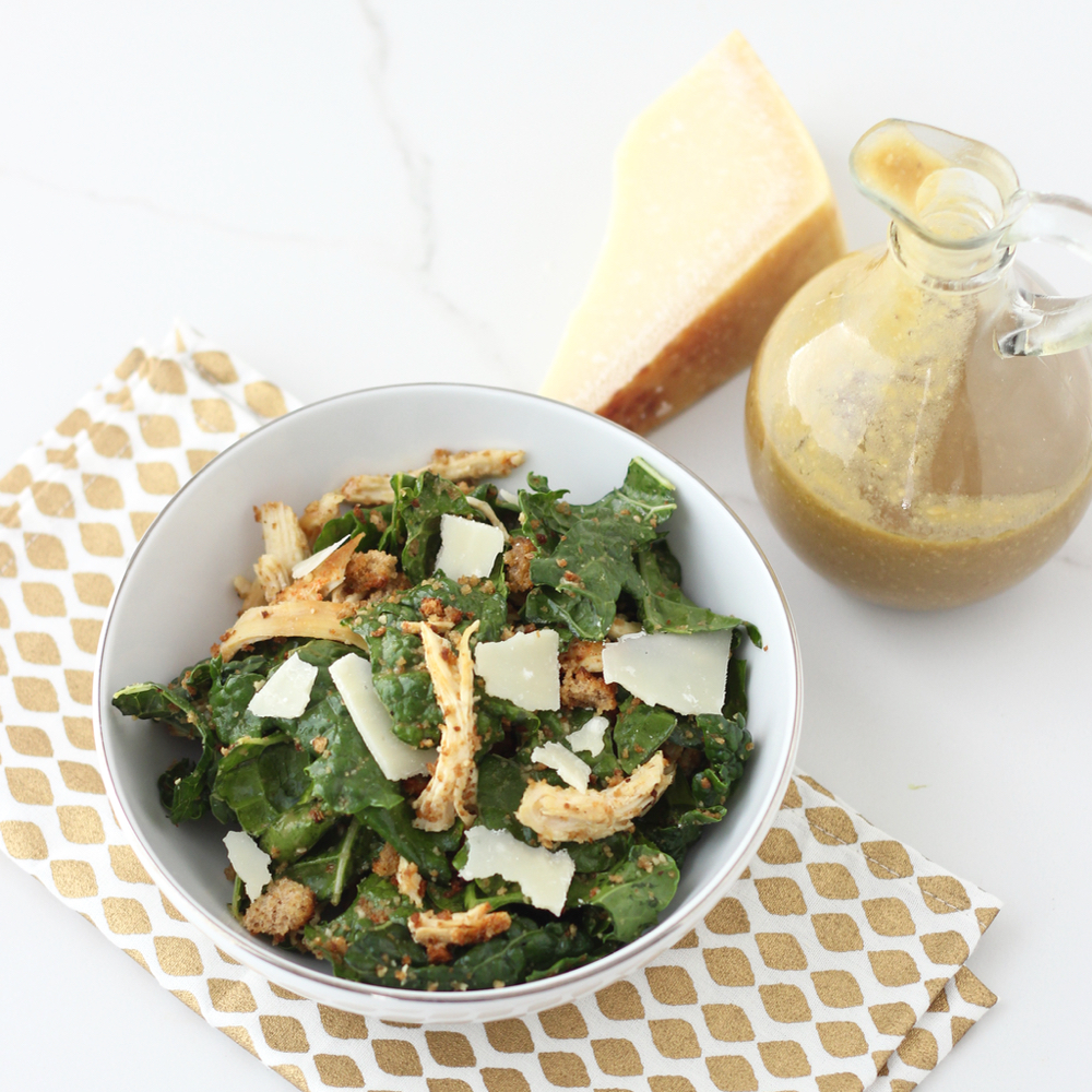 A kale salad so good, you'll think about it in your dreams. This isn't your ordinary boring salad! Kale Caesar Salad recipe from @memeinge made with a rich and creamy Avocado Balsamic Caesar Dressing makes this healthy salad a to-die-for dinner or lunch idea