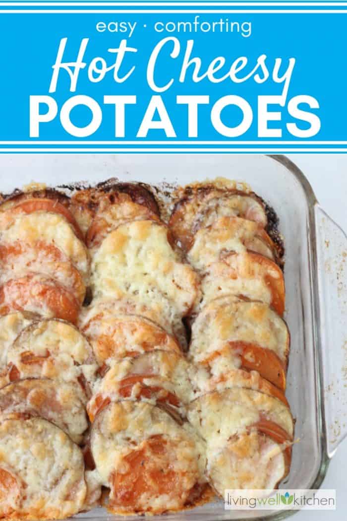 casserole dish with cheese covered potatoes and sweet potatoes