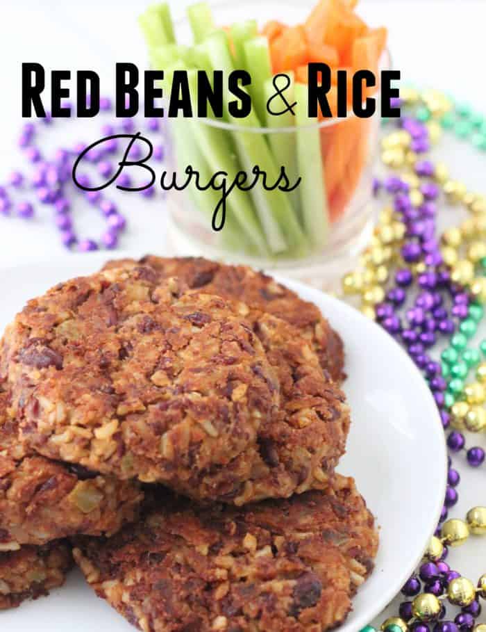 Red Beans and Rice Burgers on white plate, celery stick, carrot sticks, gold purple and green beads