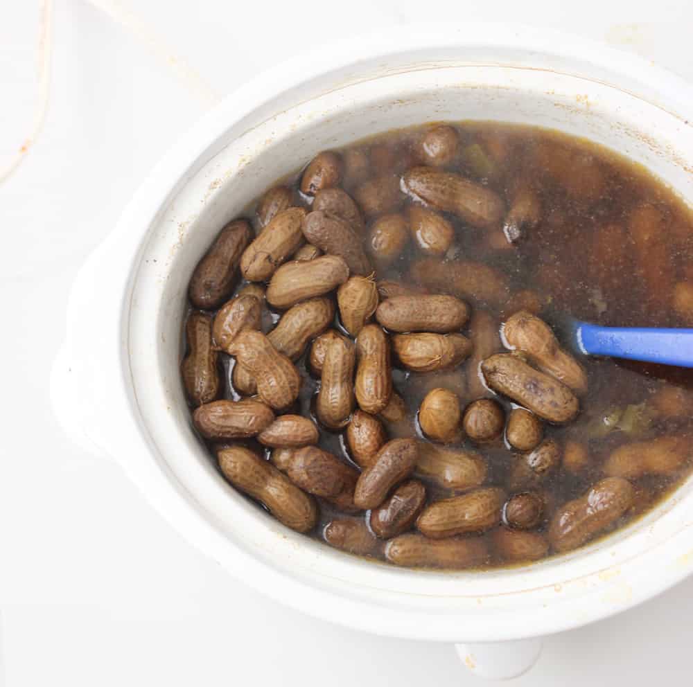 white crockpot with boiled peanuts and a blue spoon