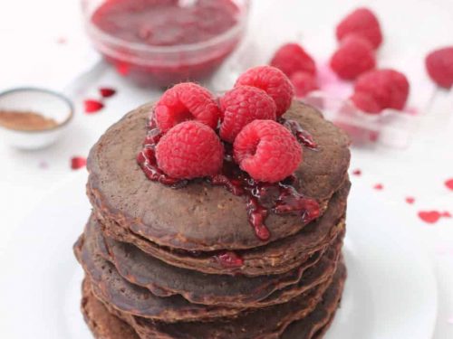 Chocolate Protein Pancakes with Raspberry Sauce