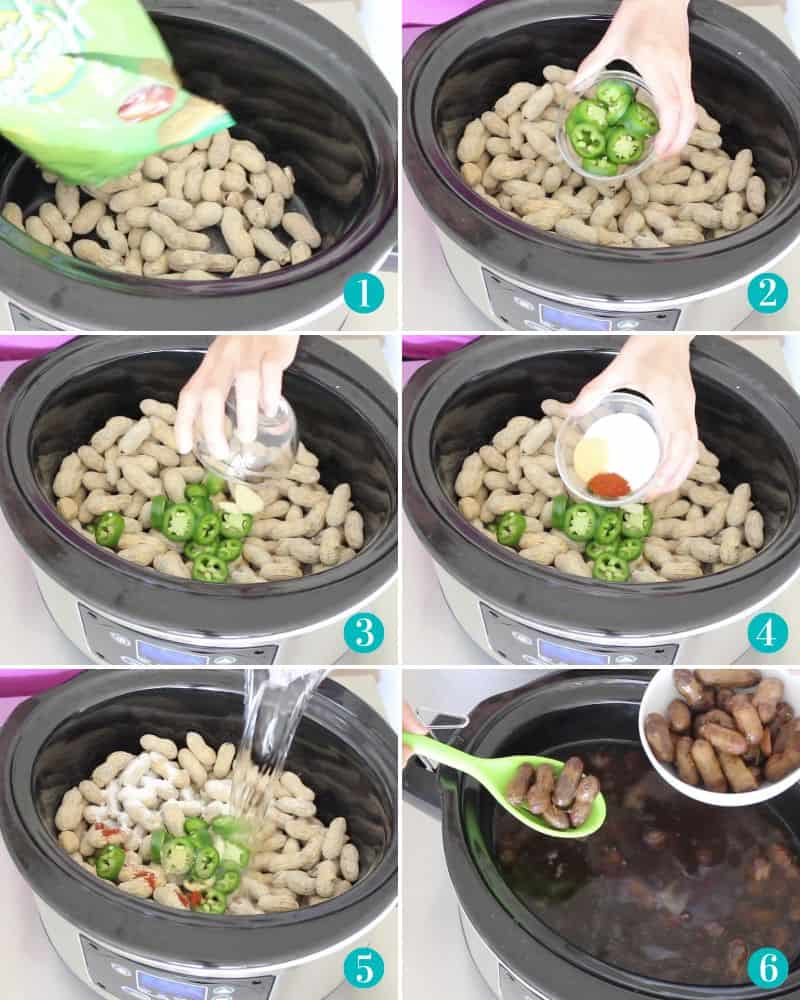 collage of six photos with hands pouring peanuts, jalapenos, garlic, and spices into a slow cooker to make boiled peanuts