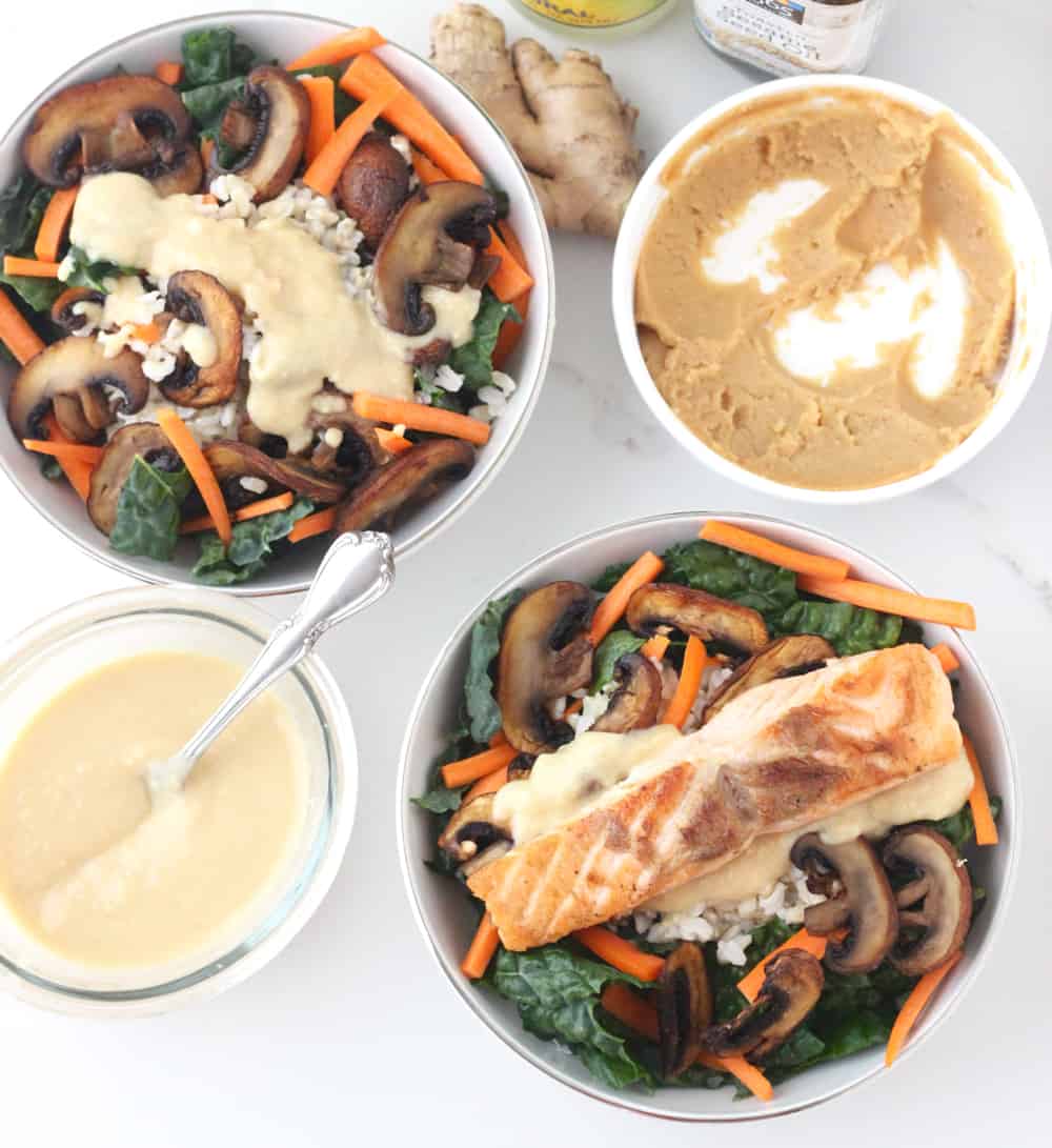 miso dressing, miso paste, next to two Miso Brown Rice and Kale Bowls