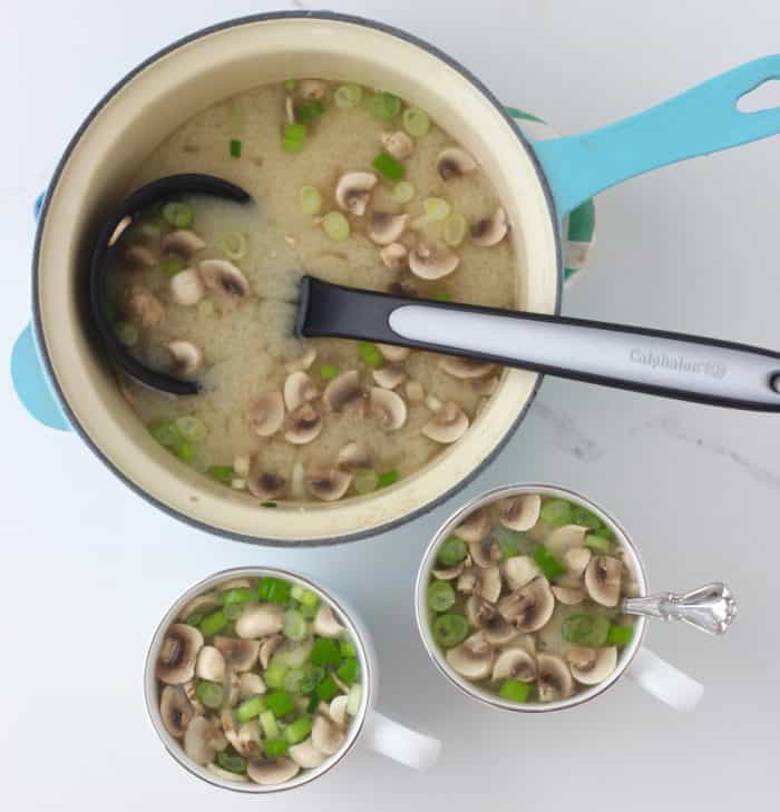 pot of Miso Soup with two cups of soup