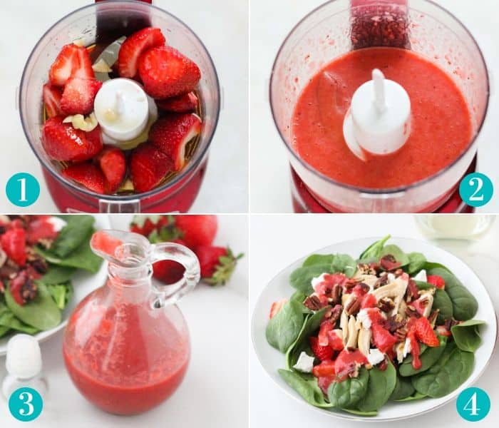 steps to make salad dressing. strawberries in mini food processor, blending, poured into dressing container, salad with strawberry dressing on top