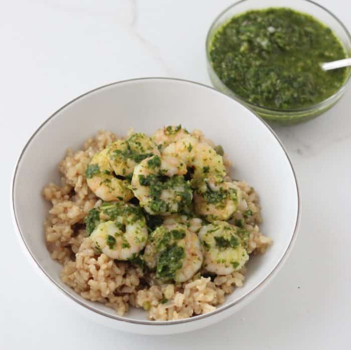 Chimichurri is an herby, spicy green sauce that is perfect for this nourishing shrimp and rice dish ~ Chimichurri Shrimp from Living Well Kitchen