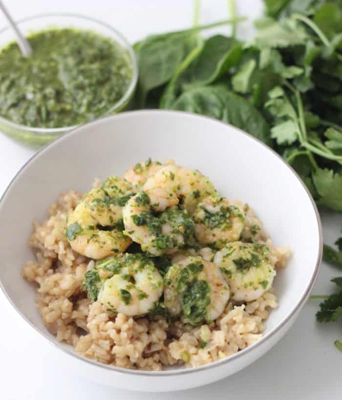 Chimichurri is an herby, spicy green sauce that is perfect for this nourishing shrimp and rice dish ~ Chimichurri Shrimp from Living Well Kitchen